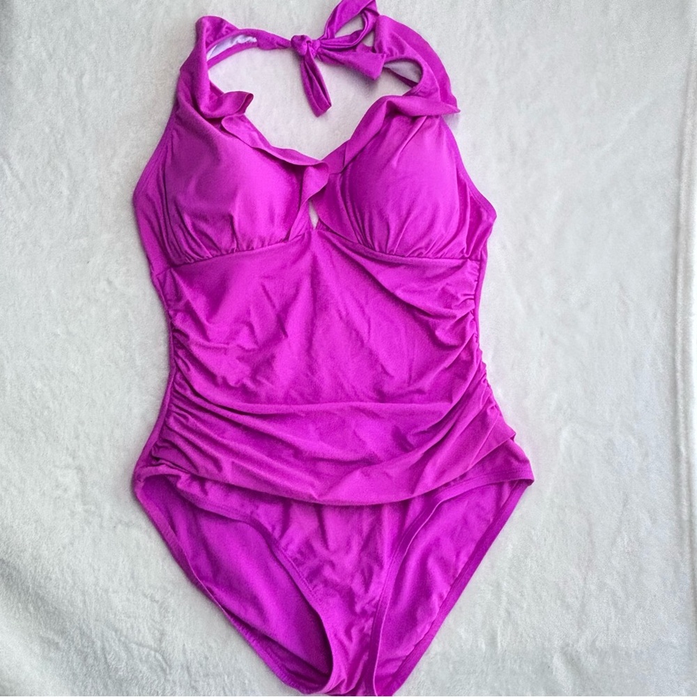 Ellen Tracy Feminine Bright Magenta Halter One Piece Swimsuit 14 XL